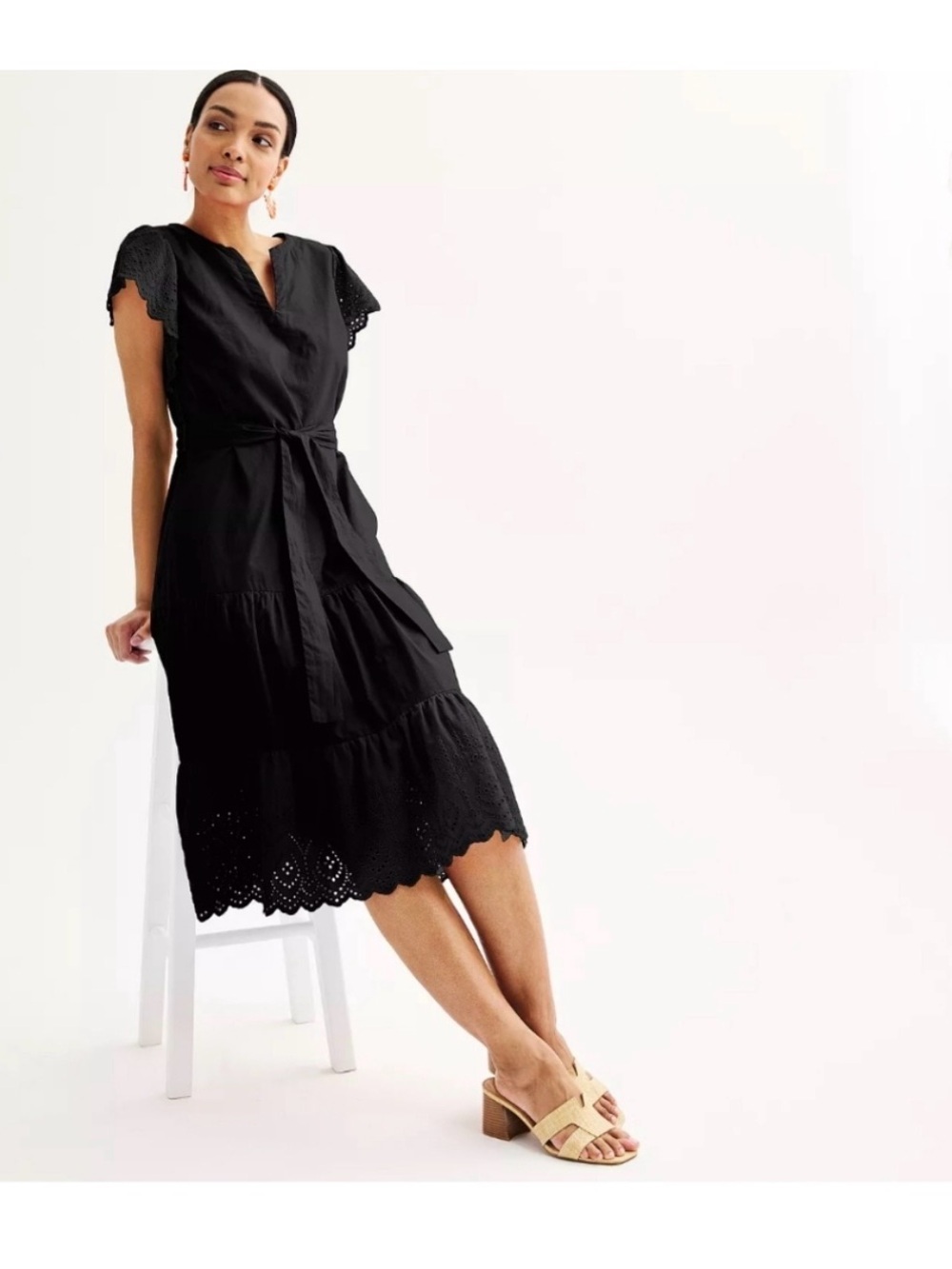 Nine West Black Eyelet-Sleeve Tiered Midi Dress - Picture 2 of 10